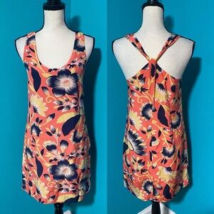 J. Crew 2 Orange Hibiscus Floral Printed 100% Silk Twist Back Shirt Dress
